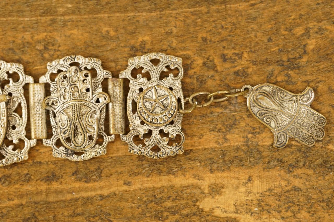 Vintage Souvenir Bracelet Morocco Hamsa Hand Elephant Link Nickel Plated Brass