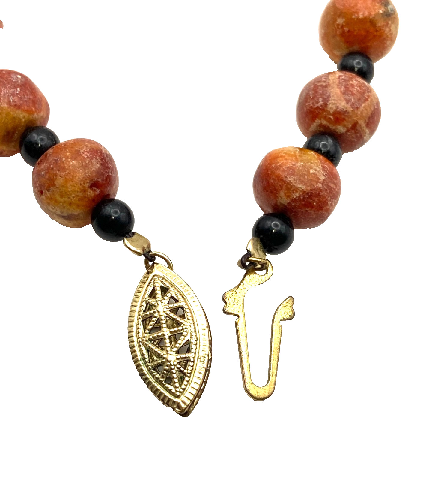 Vintage Apple Sponge Coral Red/Orange Beaded Necklace Black Agate? Gold Tone 24″