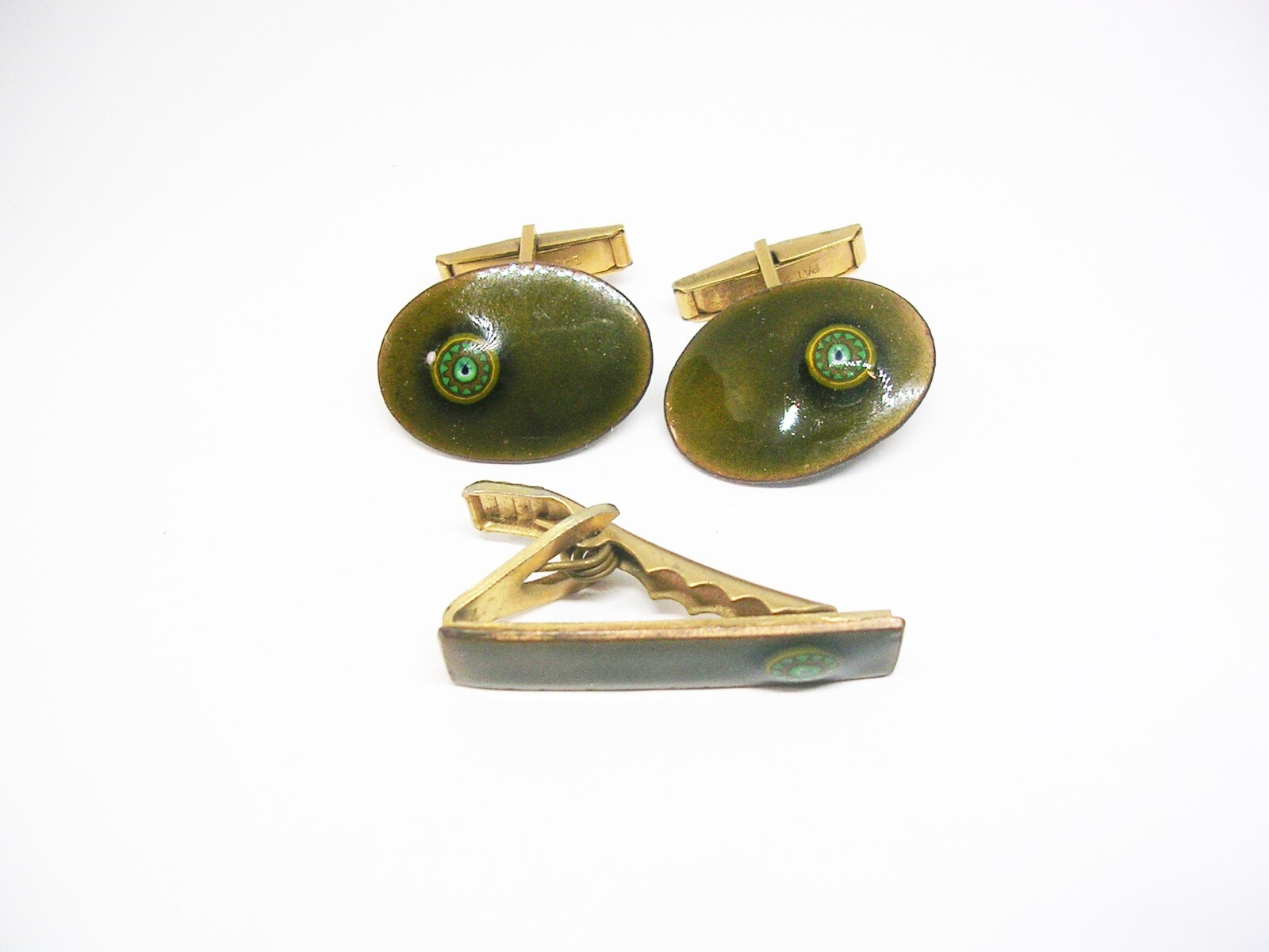 Cuff Links Tie Clip Set vintage green Enamel Cuff Links matching Tie Bar