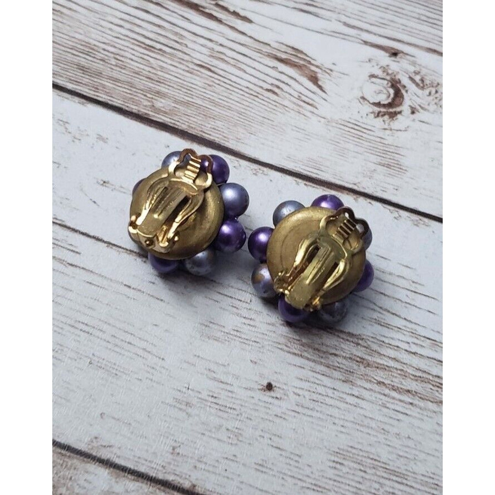 Vintage Clip On Earrings – Violet, Blue & Bronze Tone Cluster