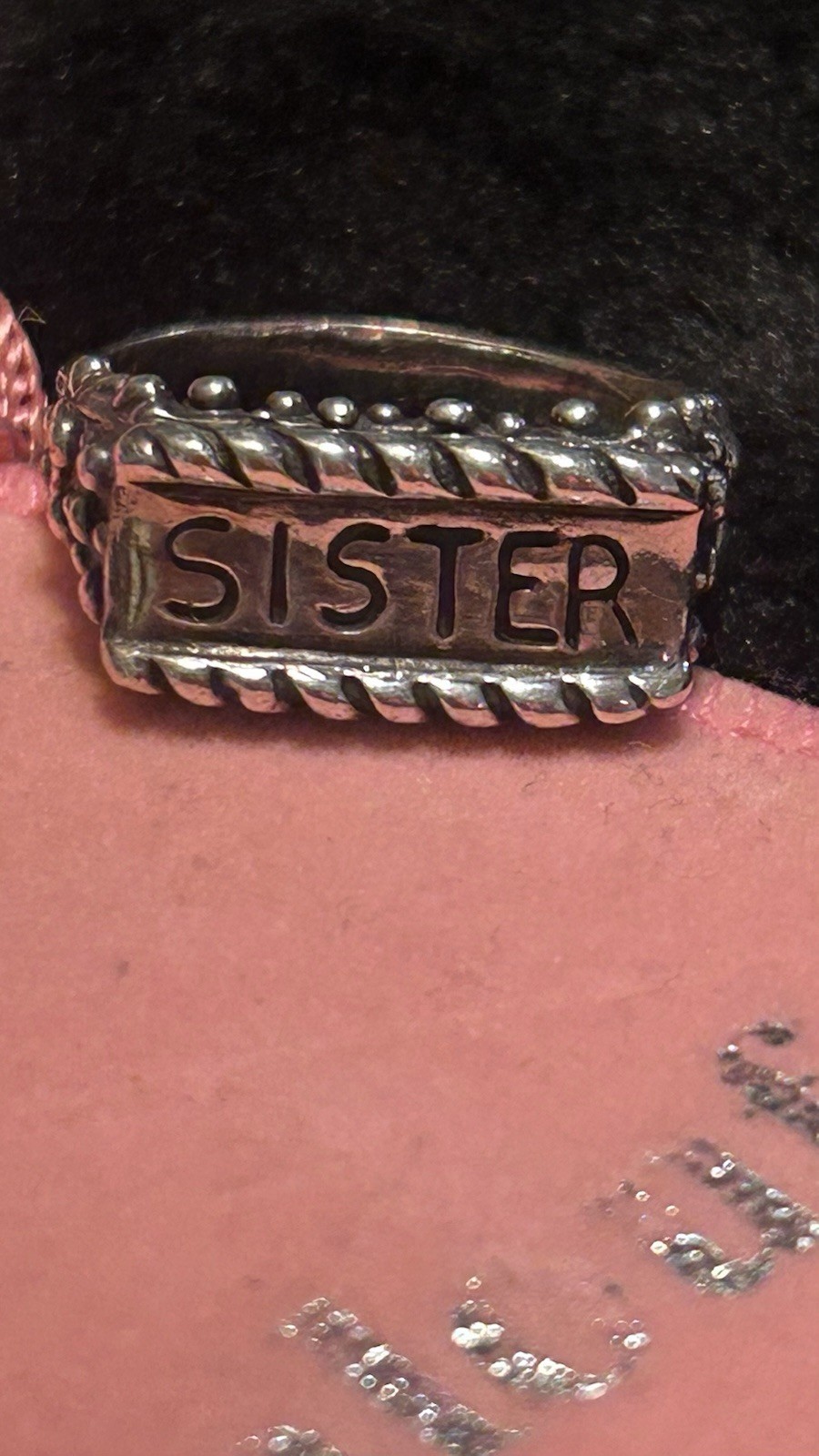 Vintage Dian Malouf “SISTER” Sterling Silver Ring Sz 10 With Original Pouch Bag