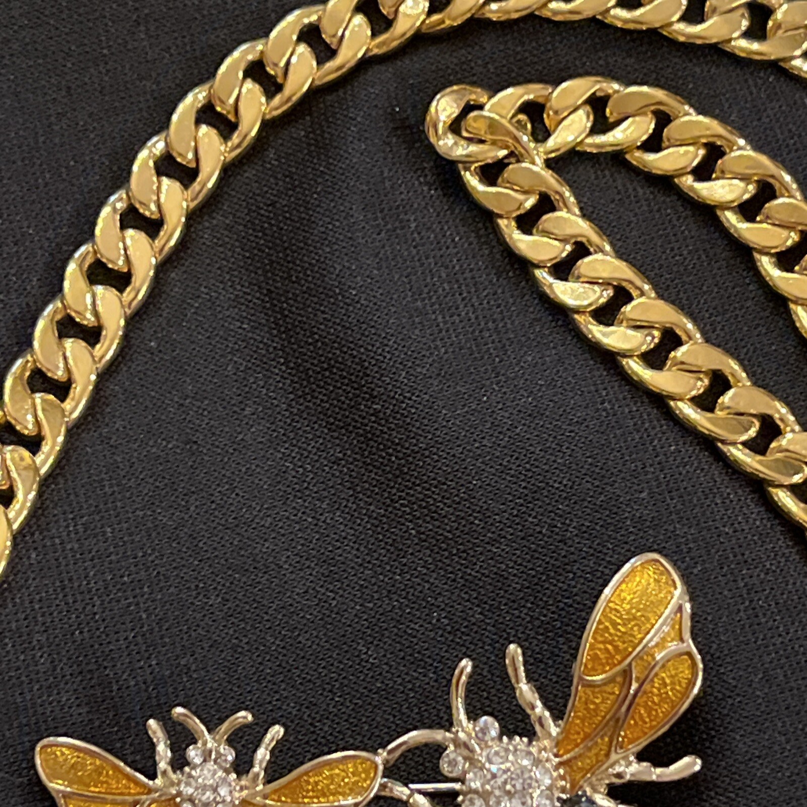 Vintage Napier Long Gold Tone Chain Double Bee Brooch & Clip On Earrings Set