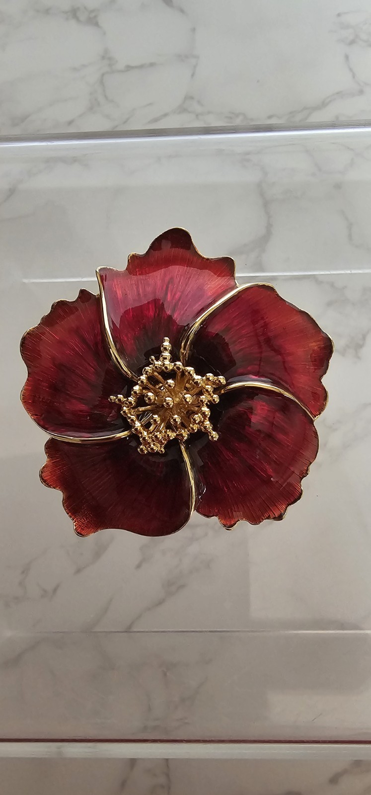 Vintage Red Enamel & Gold Tone Poppy Flower Brooch Pin