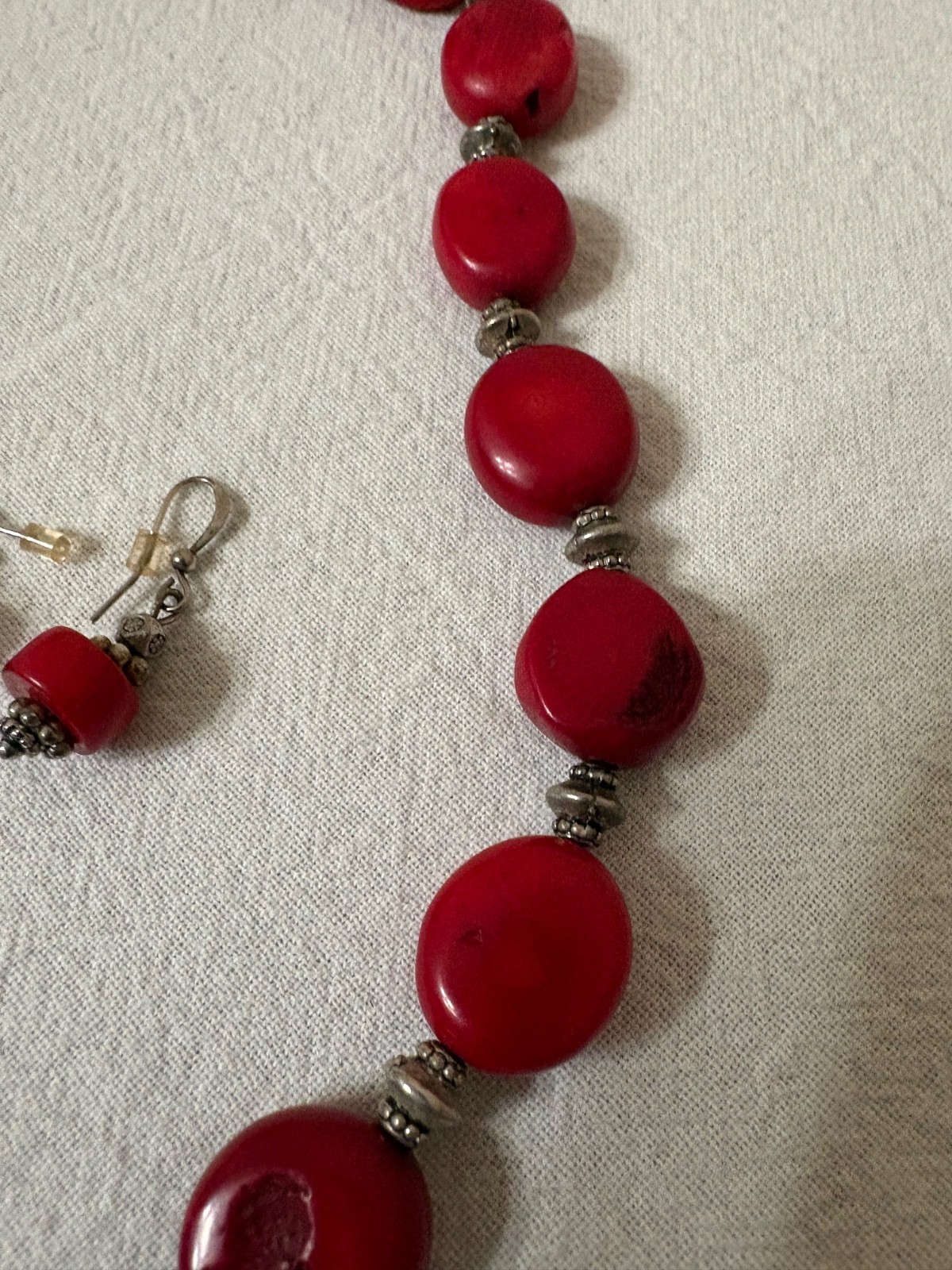 Vintage Natural Red Coral Hand-Carved Rose Necklace/Earrings Set w/Bead Chain