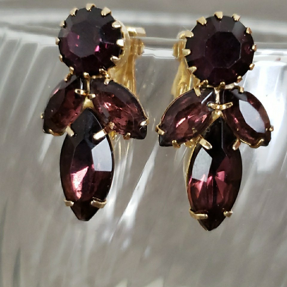 Vintage Purple Cluster Navette Prong Earrings Clip On Gold Tone