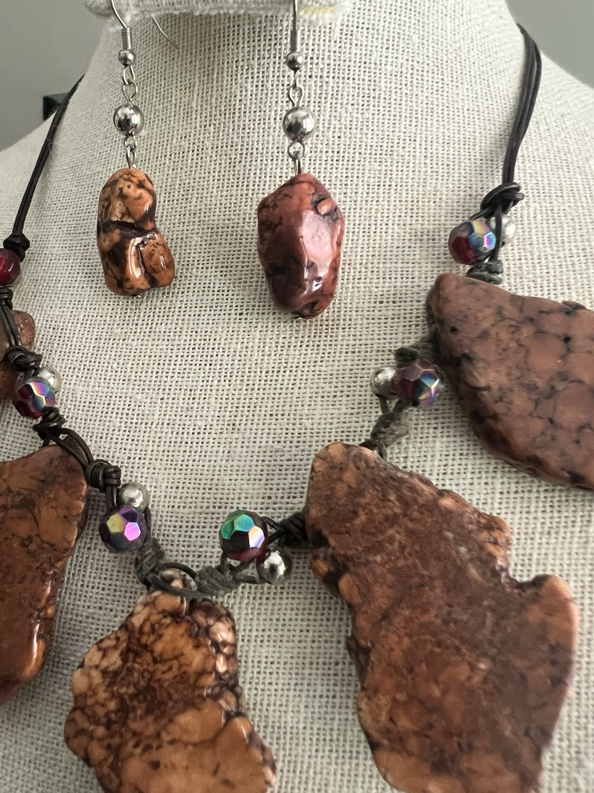 Brutalist Gemstone Necklace Chunky Slab Multi Charm Matching Earrings 18-21” Adj