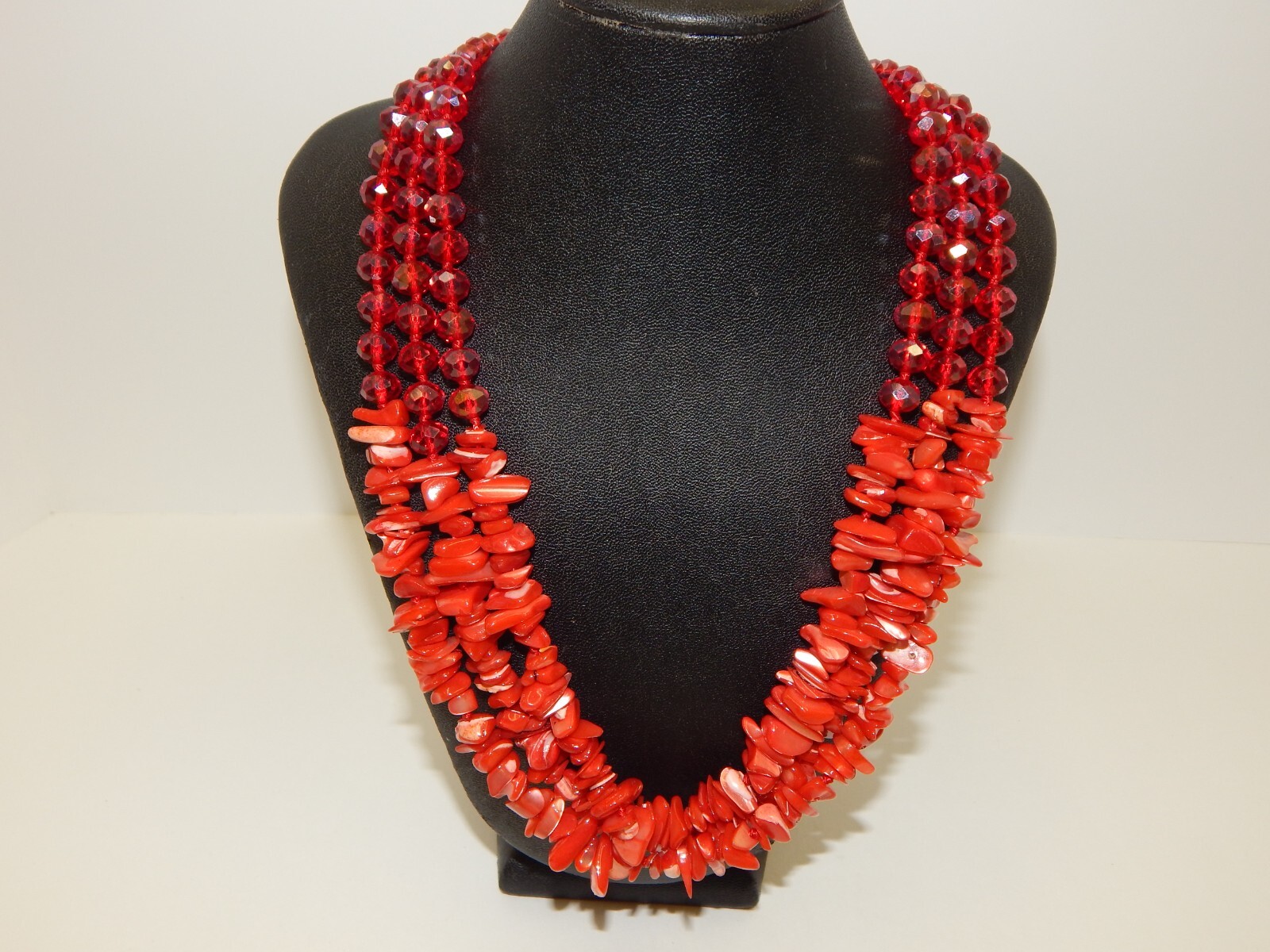 Coral Pink Abalone & Fuchsia Red Aurora Borealis Crystal Beaded Necklace Knotted