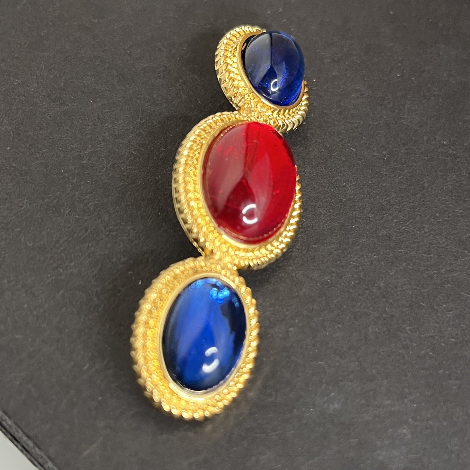 Gripoix Style Glass Cabochon Brooch Bar Pin Gold Tone Red Blue Scarf Pin