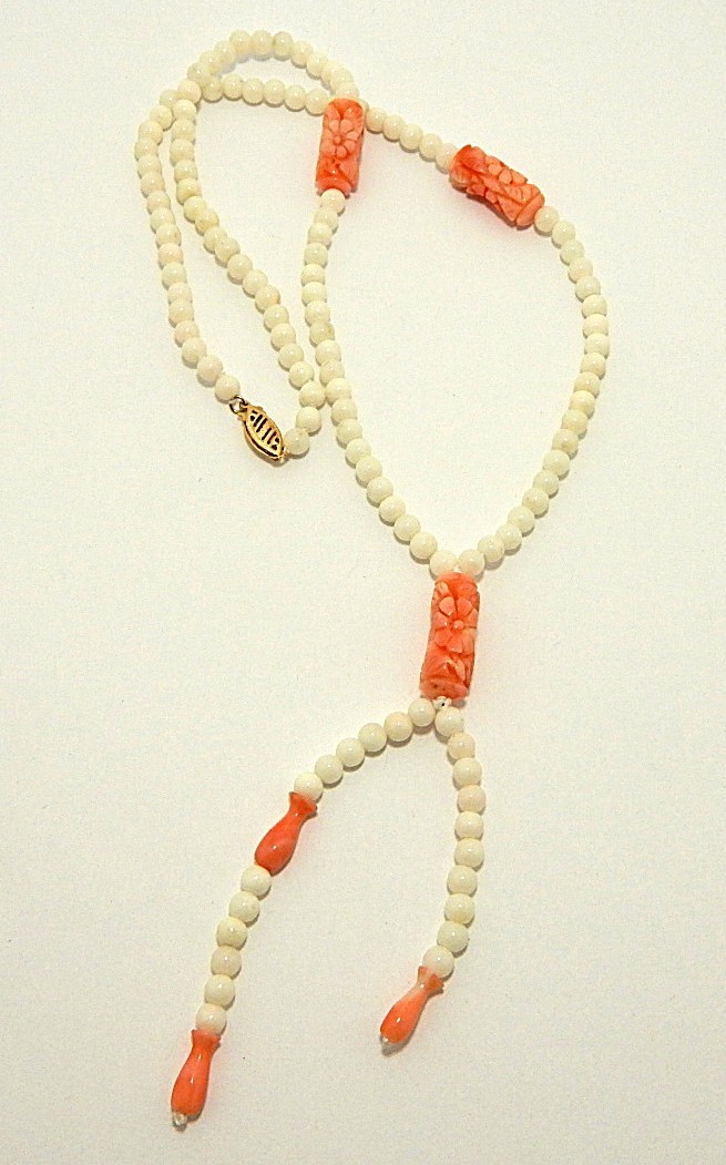 Carved Salmon Coral Necklace 17″ Long plus tassel 14K Clasp