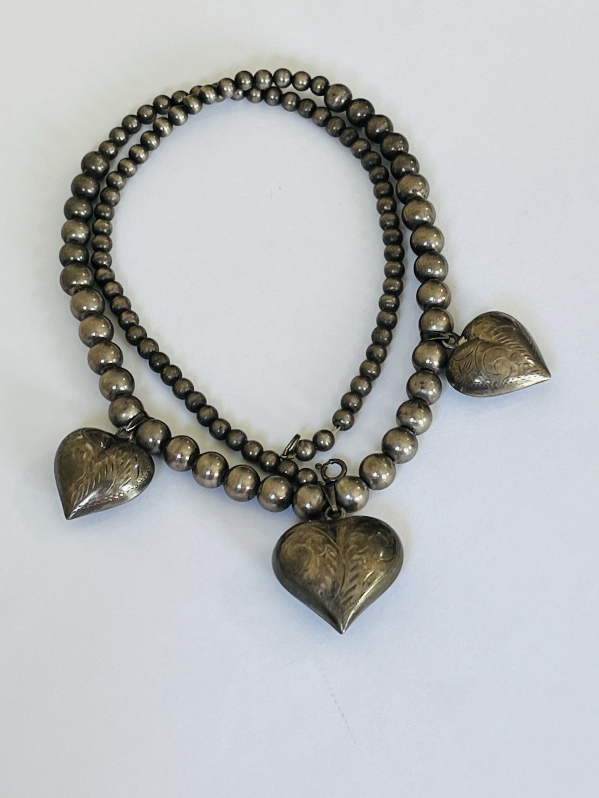 Vintage Sterling Silver Heart Charms Pendant 8MM Ball Bead Necklace 41-Grams