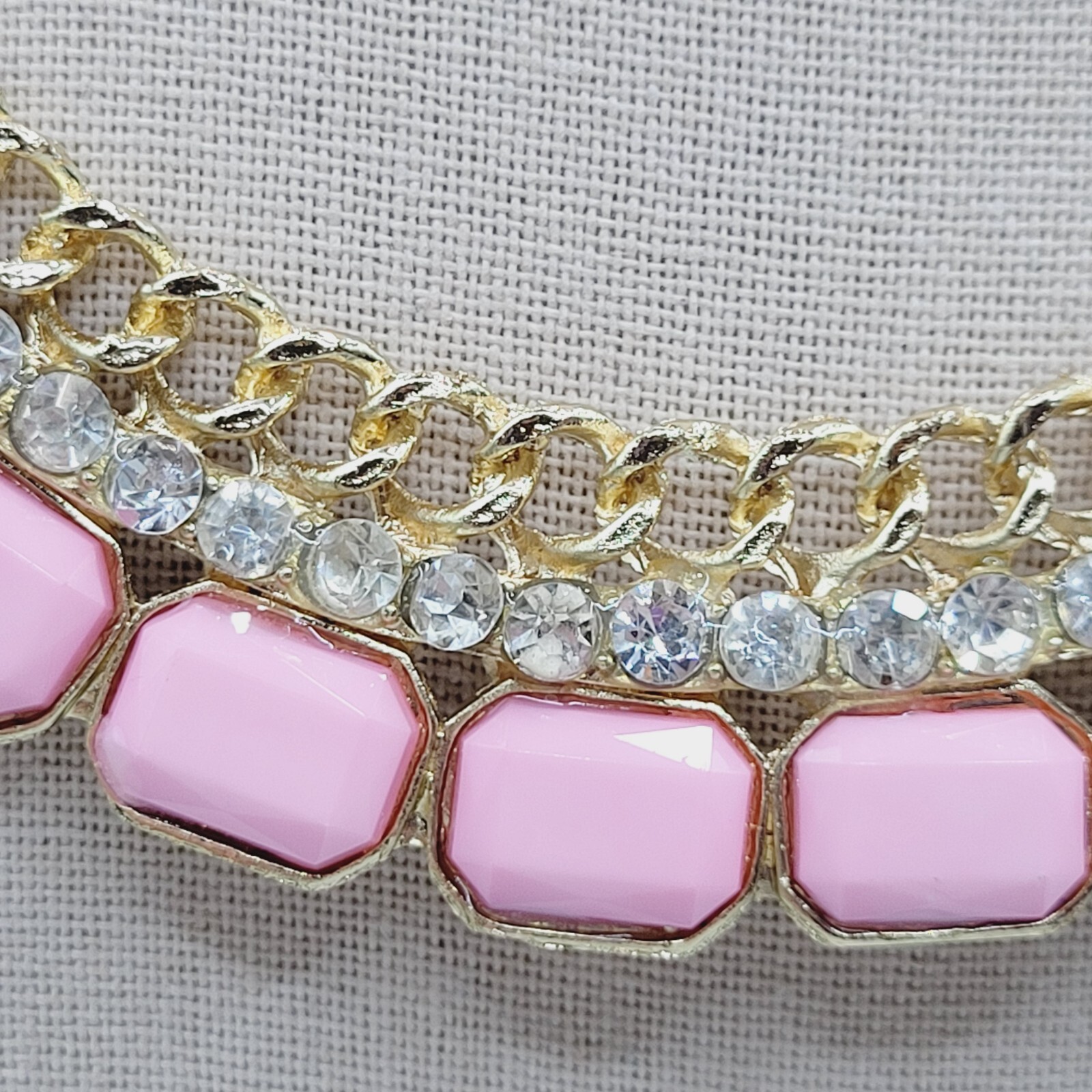 Fancy Rhinestone & Pink Acrylic with Milkglass Style Vintage Gold Tone Necklace