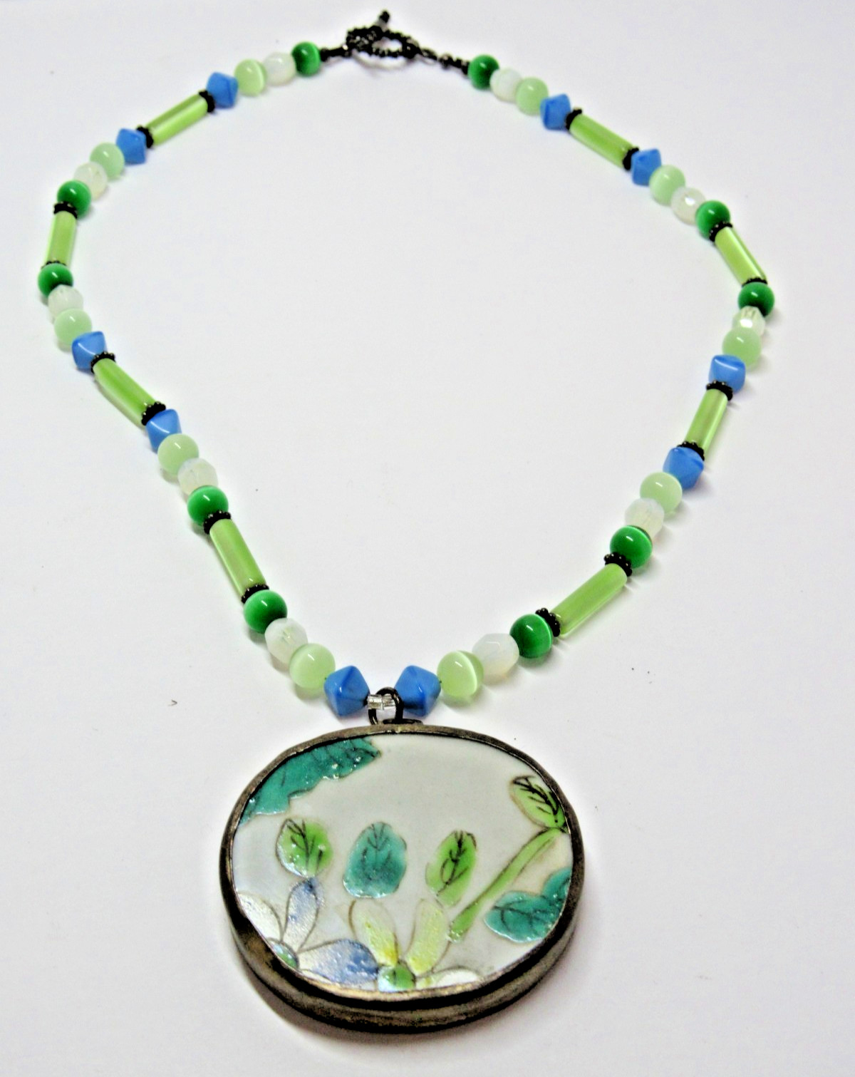 Vintage Silver Tone Glass Bead Necklace Floral Boho Retro Green Mod #J