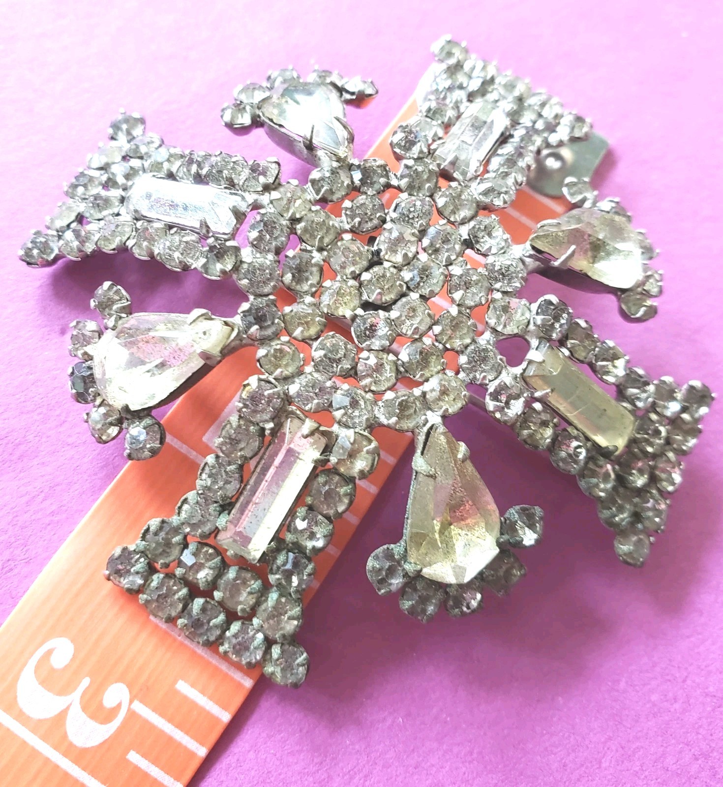 VTG GARNE New York Maltese Cross Prong Set Clear Rhinestone 2.5″ Pot Metal FAB**