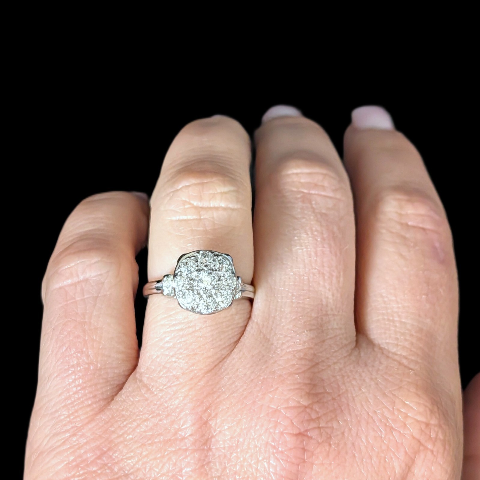 Vintage Old European Cut Diamonds 12k-14k White Gold Cluster Cocktail Ring Gift