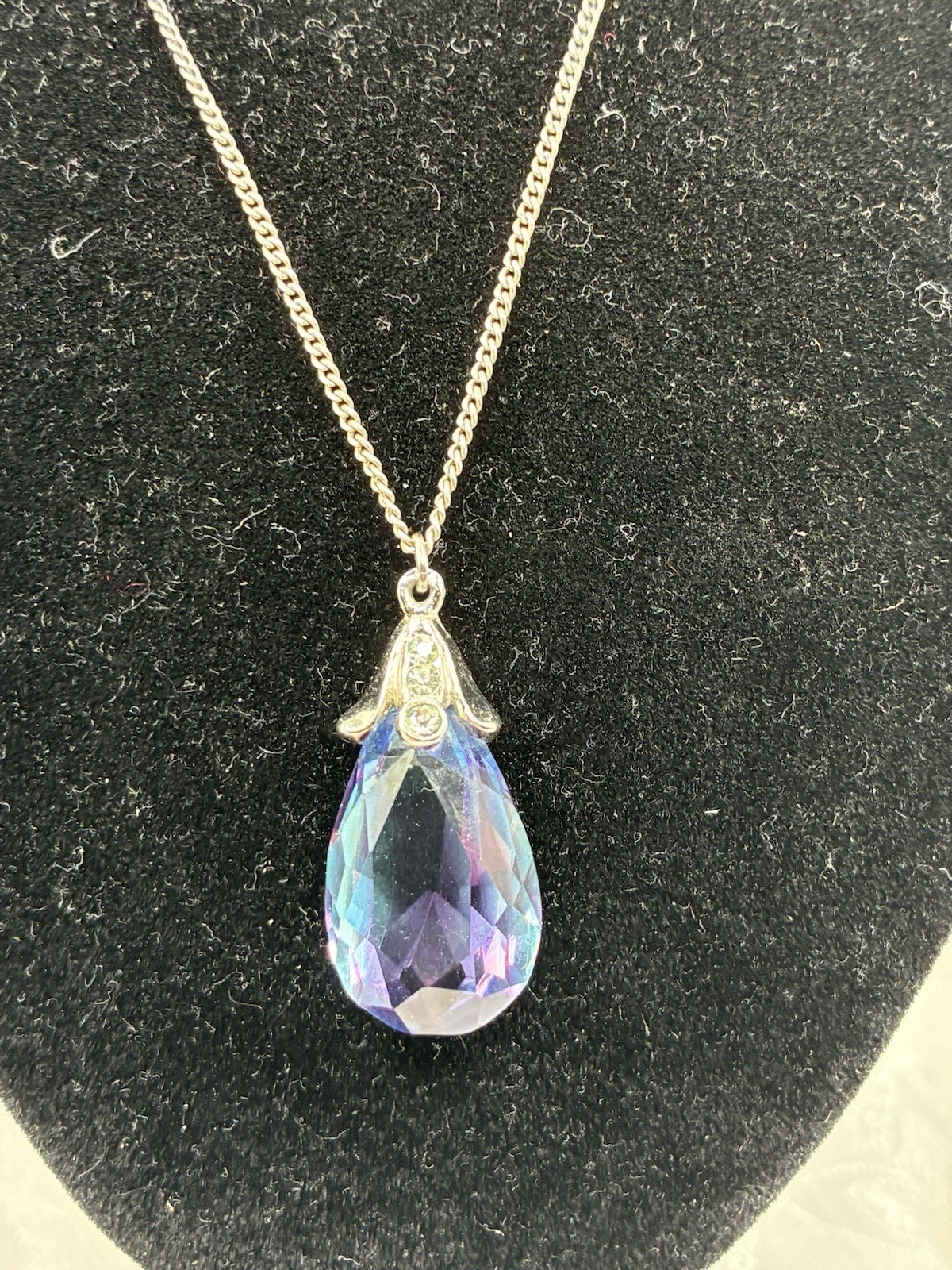 Vintage Purple/Blue Faceted Pear-Shape, CZ Bail Crystal Pendant On 925 18” Chain