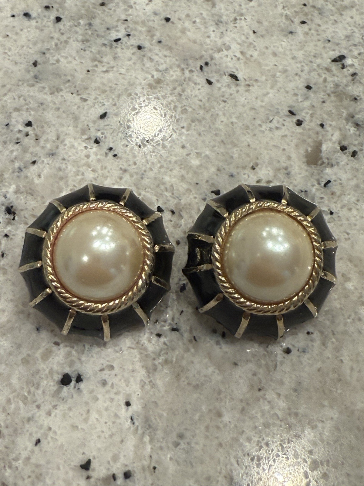 Vintage Gay Boyer Signed Black Enamel Faux Pearl Clip On Earrings Art Deco