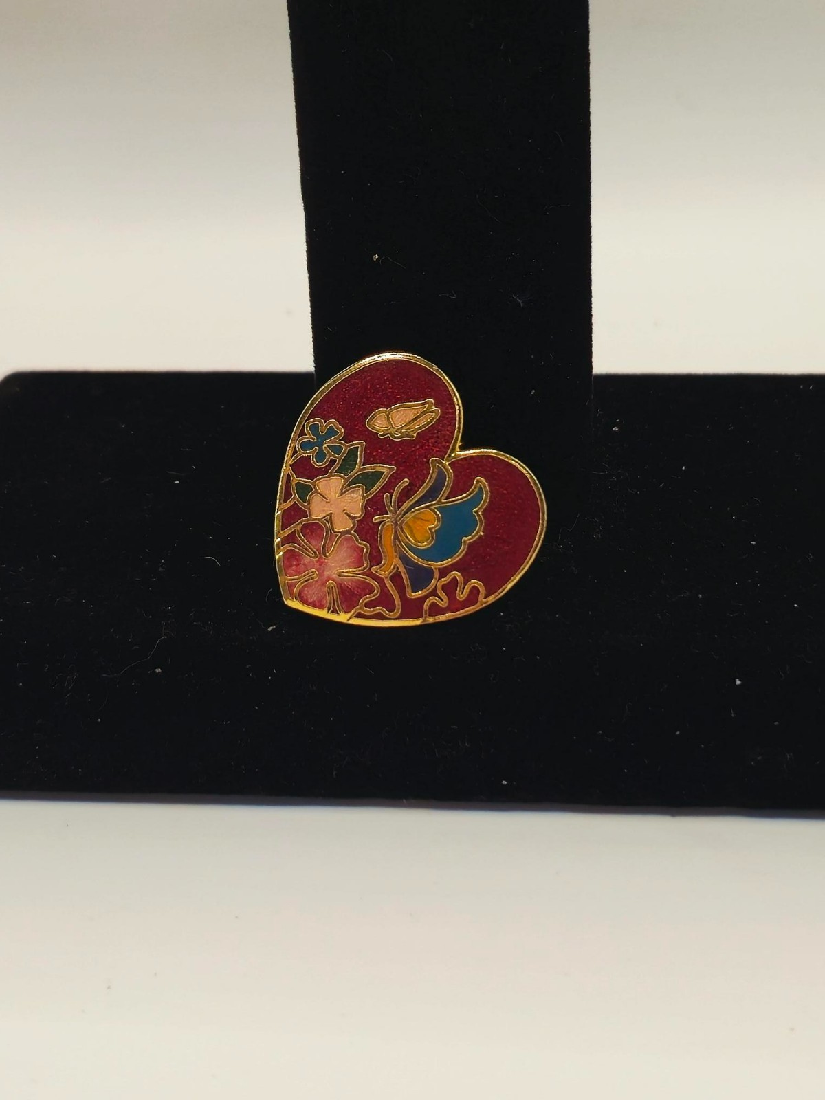 Vintage Cloisonne Heart Brooch Pin Red Enamel Butterfly Floral Gold Tone 1″