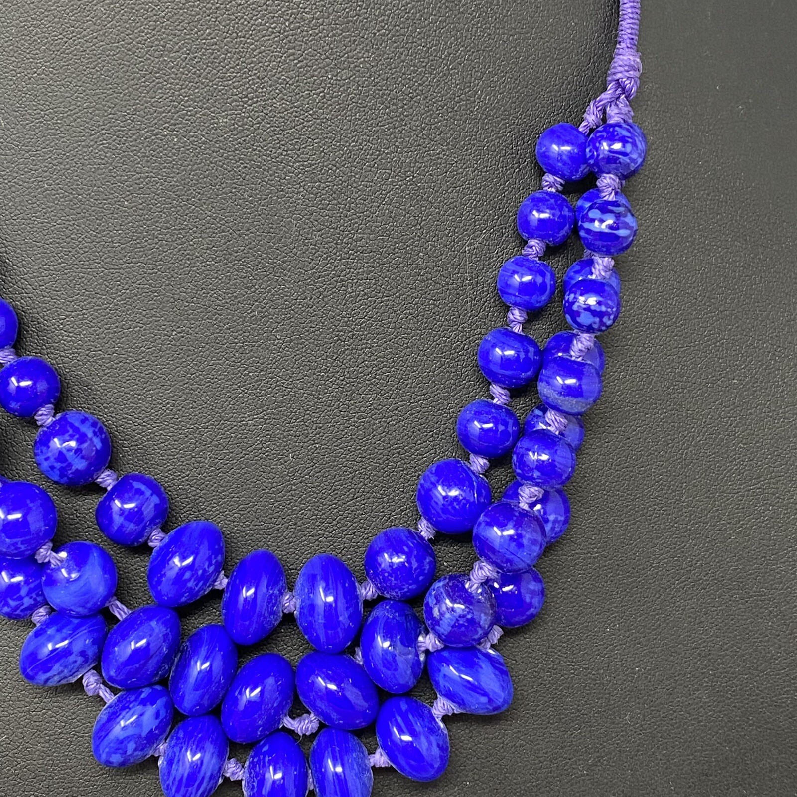 VTG Ceramic Bead Necklace Blue Marble Hand Knot Cord Chain Multi Strand Boho 21″