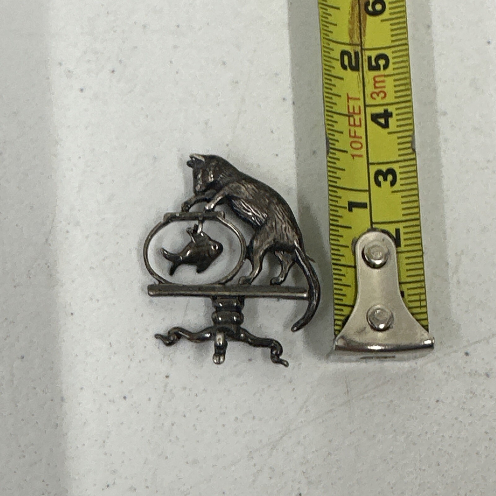 VTG Pewter Silver Tone Brooch Pin Pawing at Fish Bowl