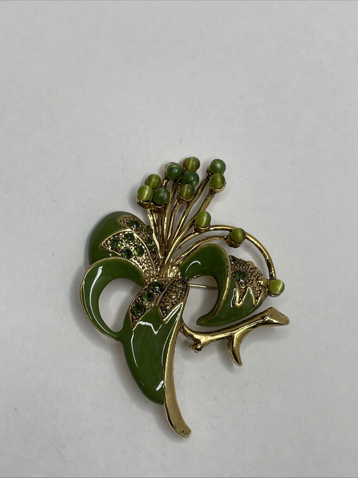 Vintage Green Enamel Floral Brooch Pin with Green Rhinestones and Cabochons RARE