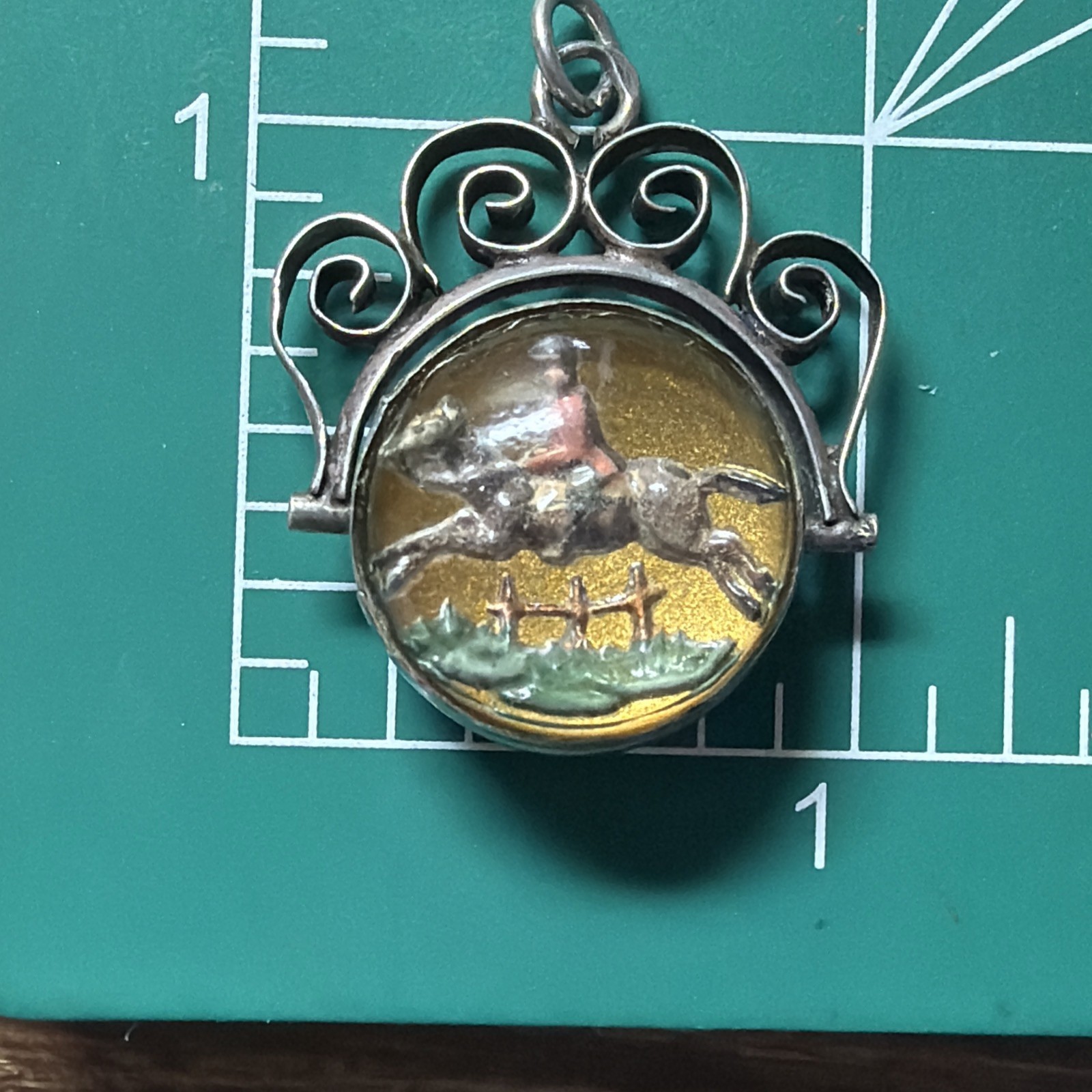 Antique Silver Reverse Glass Painting Equestrian Bloodstone Swivel Fob Pendant