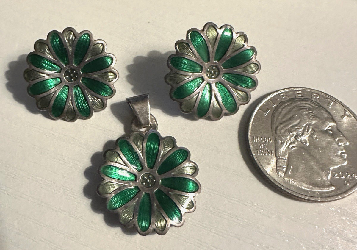 VTG Sterling Silver 980 Mexico Handmade Carved Enamel Flower Pendant & Earrings