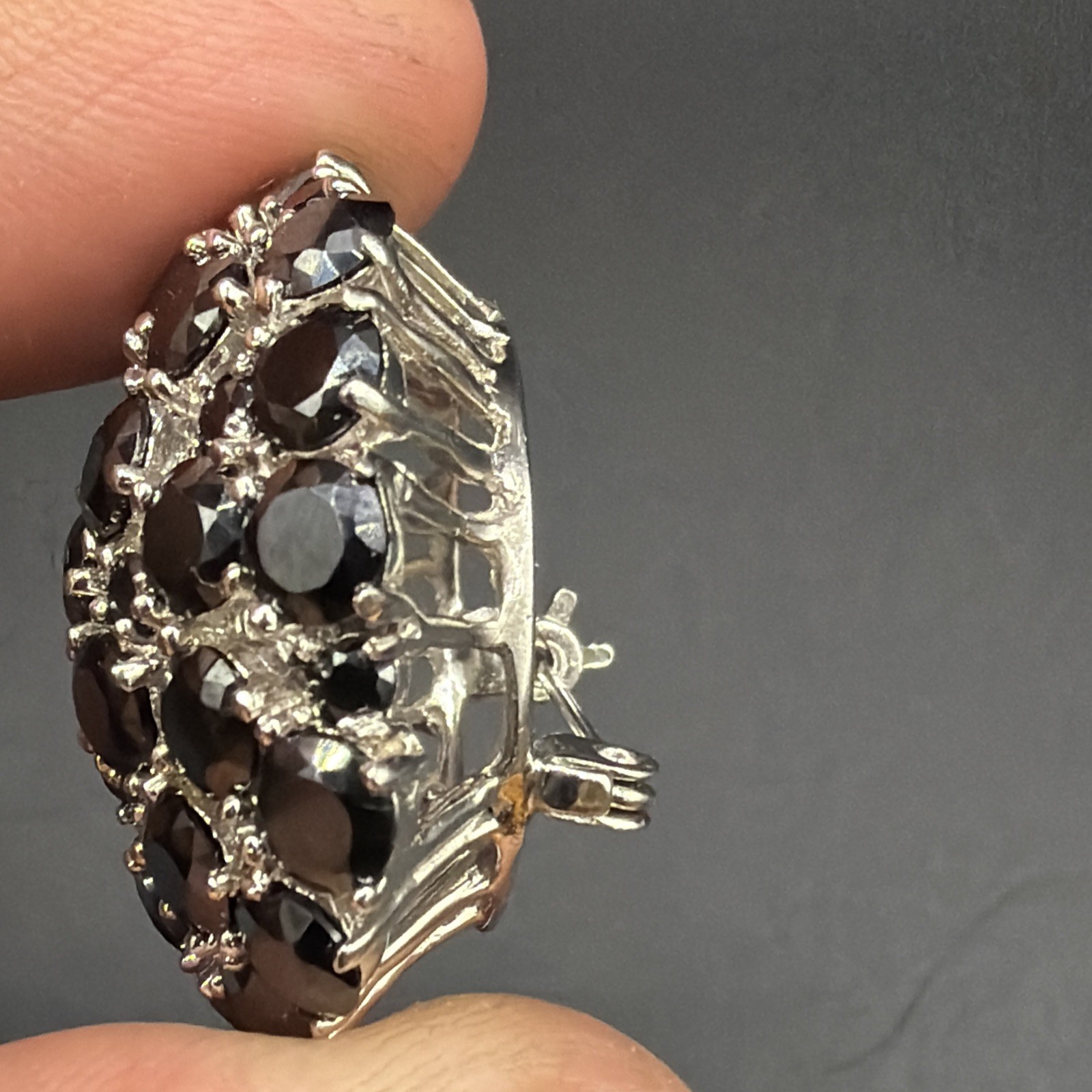 Vintage Warner Black Faceted Rhinestone Cluster Round Domed Brooch Gold Tone
