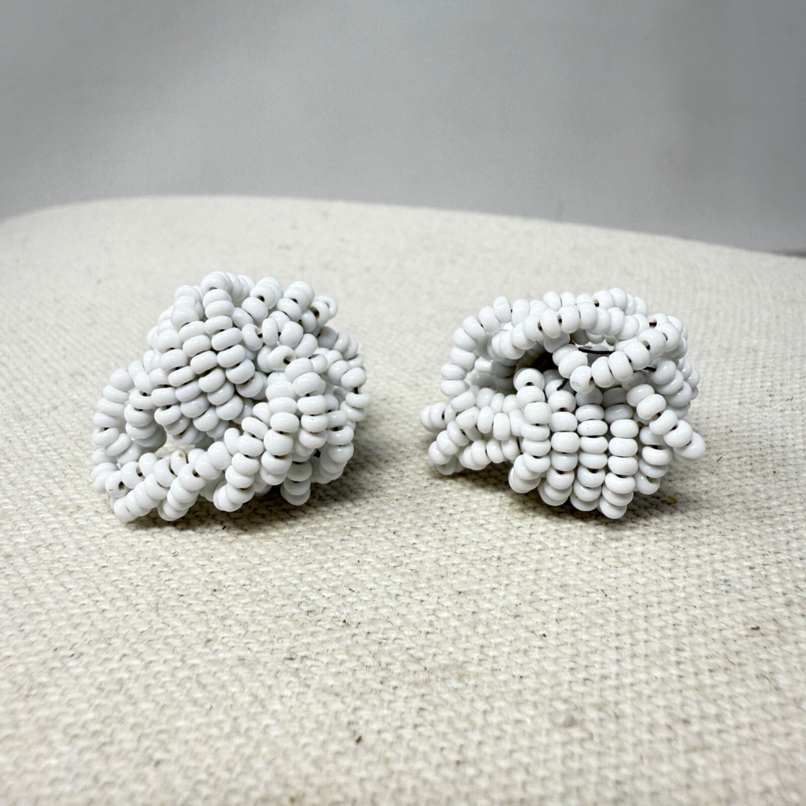 White Seed Bead Knot Earrings Vintage Screw Back Classic Retro