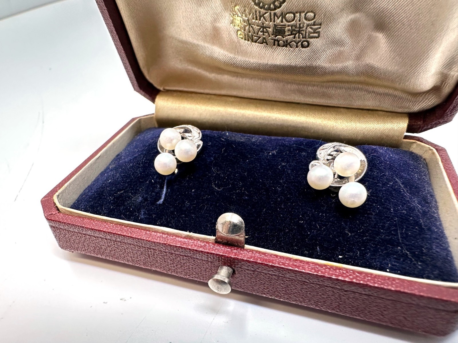 Vintage Mikimoto Pearl Press-On Earrings In Mikimoto Red Box