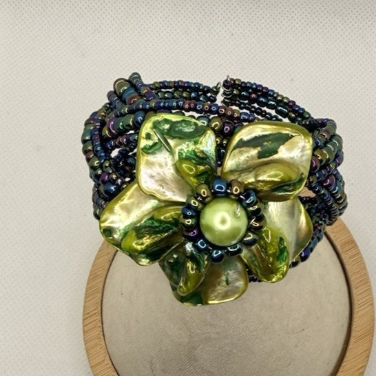 Vintage MOP Shell Flower Cuff Bracelet Iridescent Seed Bead Multi Strand Boho