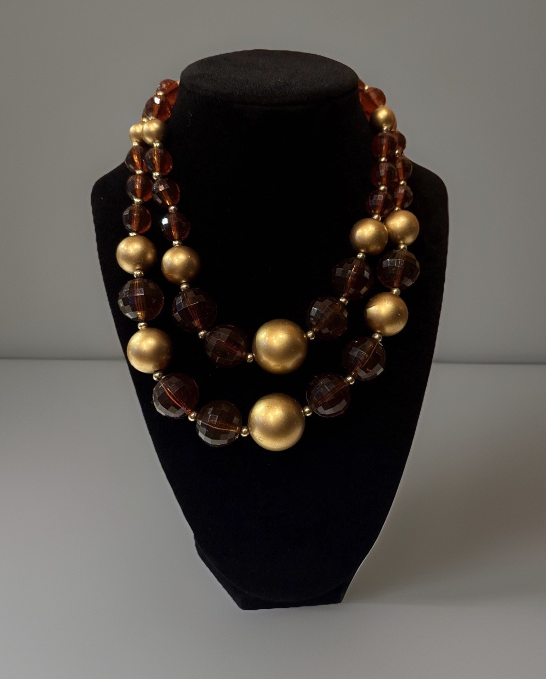 VTG Lucite Beaded Two Strand Necklace Two Tone Honey Amber Gold Faceted 16”