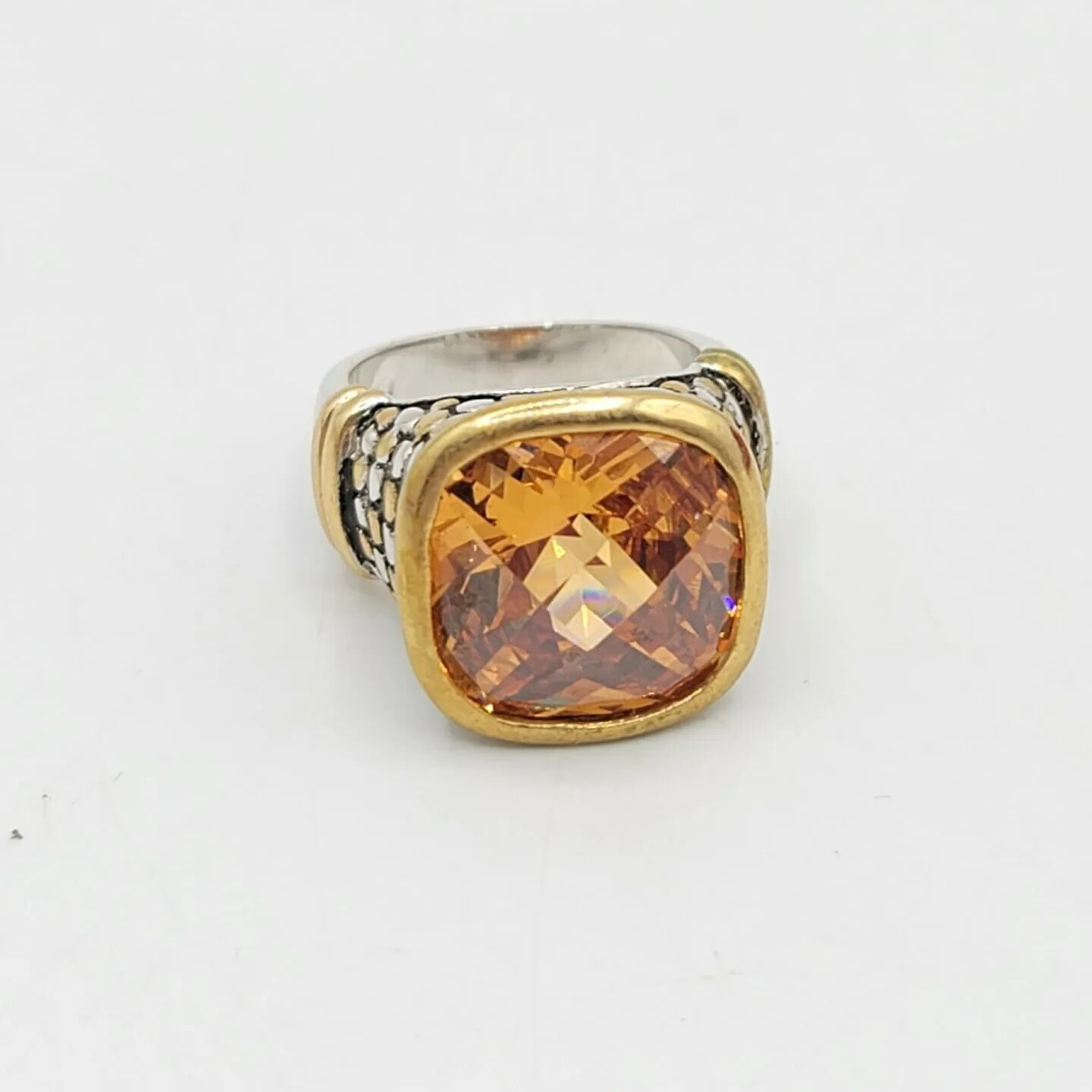 Vtg Sz 8 Ring Lg Citrine Topaz Cubic Zirconia Roman Brutalist Theme Jewelry Dot