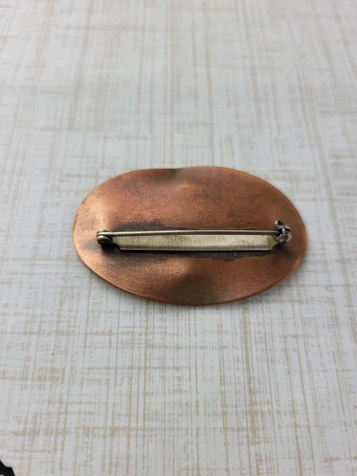 Vintage Copper Enamel Oval Brooch Fall Colors Yellow Orange Brown 2″