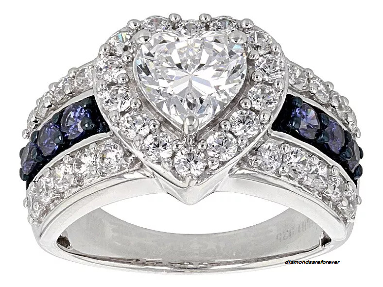 5.22TCW Heart & Round Cut Clear CZ With Blue Sapphire Heart Halo Engagement Ring