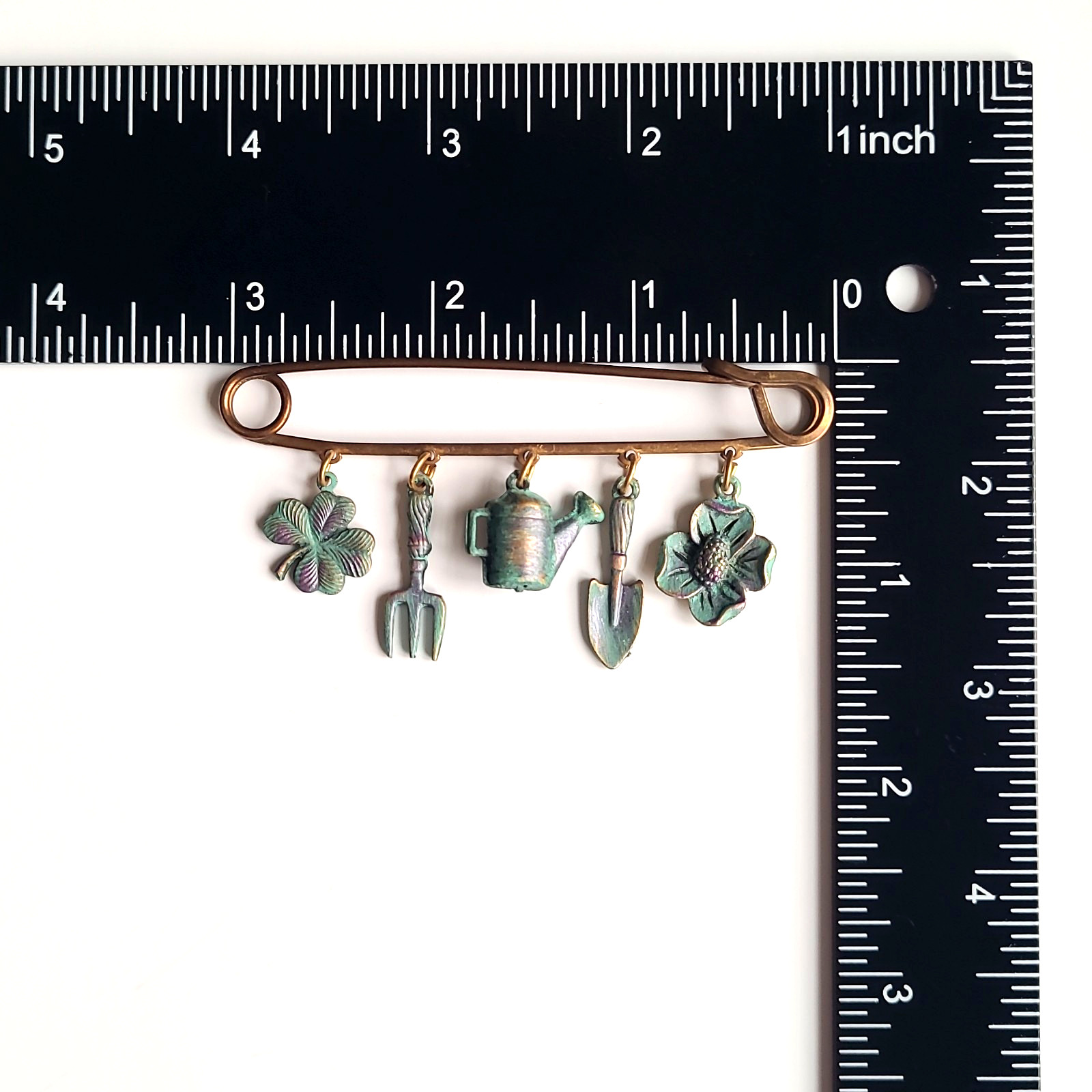 Vintage Gardening Charm Dangle Brass Safety Pin Brooch Handmade Metallic Garden