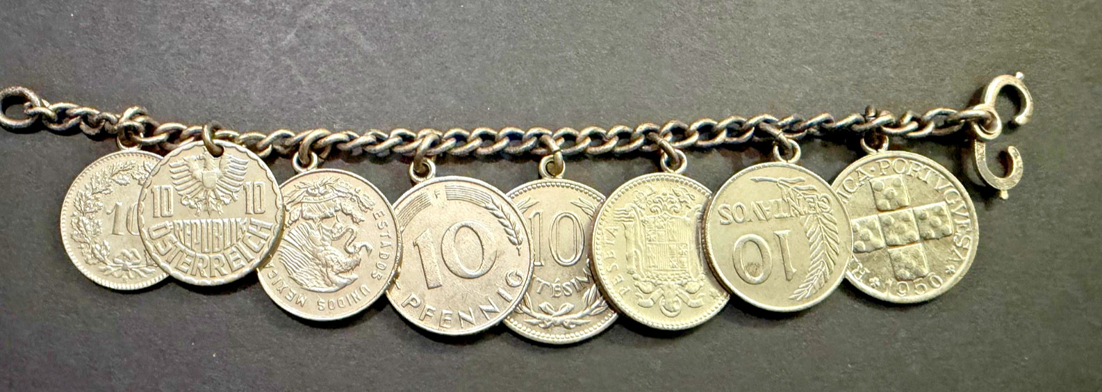 Vintage Foreign Coin Bracelet – 8 Coins – Circa 1950’s – 6″