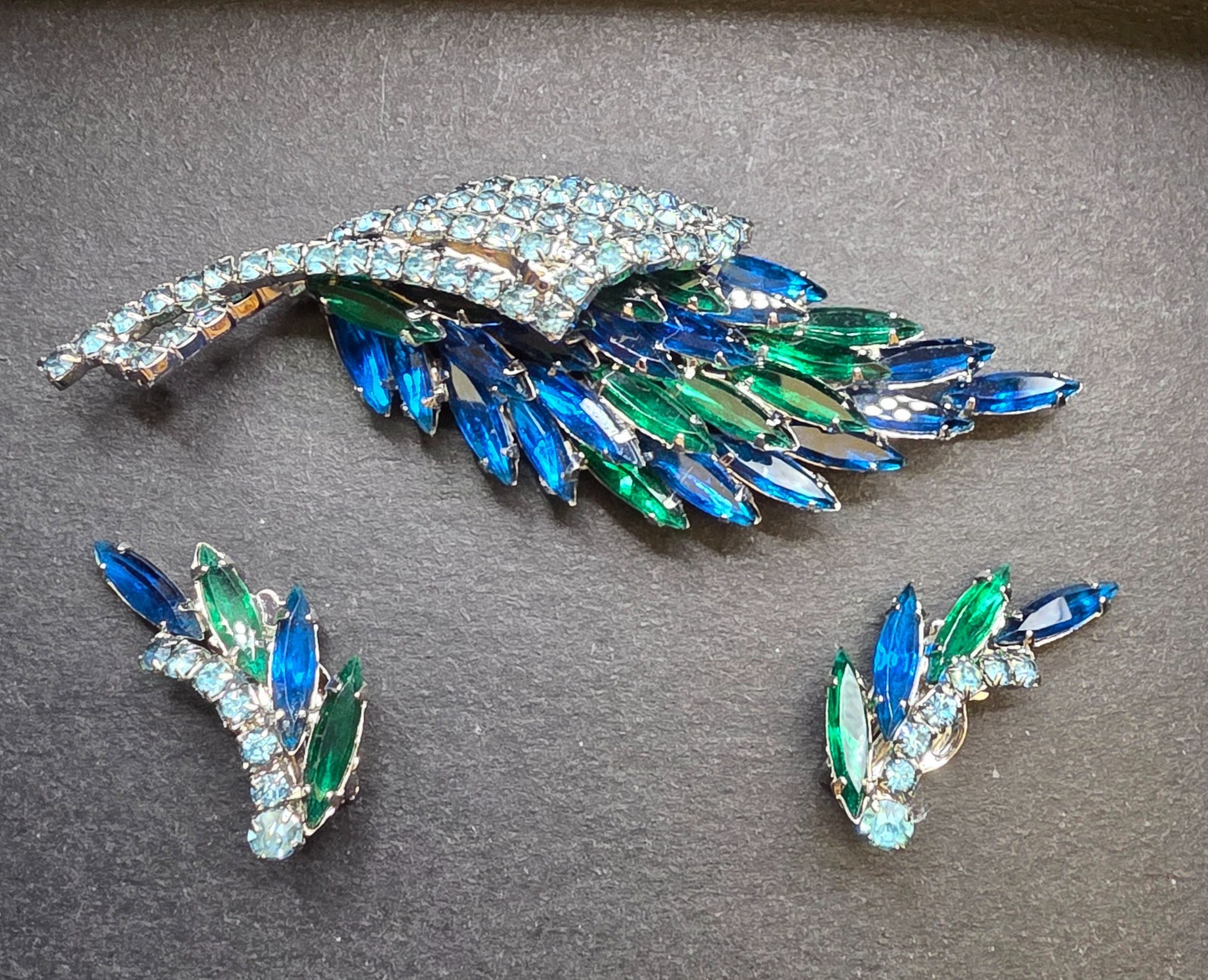 Vintage Blue Green Rhinestone Brooch Clip Earrings Set Large Statement AB Glam
