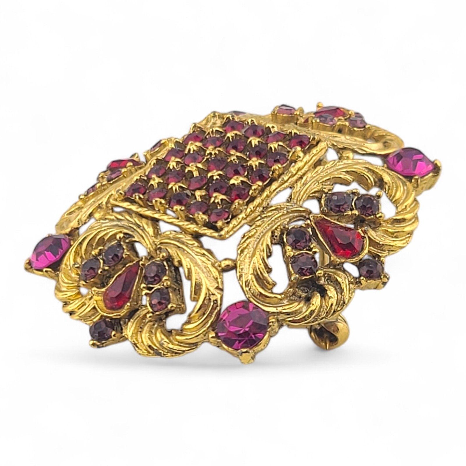 Vintage Sphinx Fuchsia Shades Of Pink Red Brooch Gold Tone Rhinestone Pin