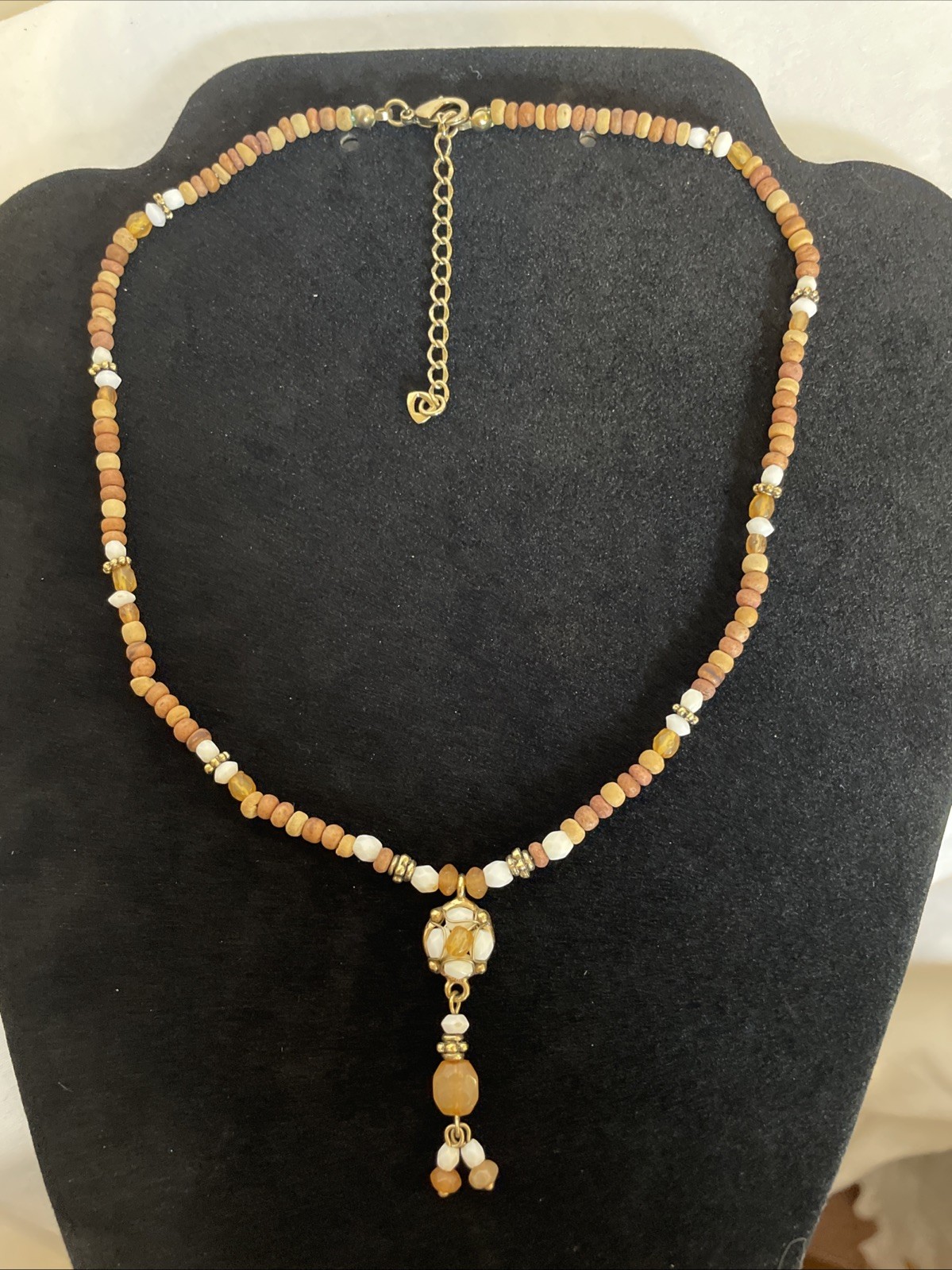 Wood Amber Resin White Beaded Lariat Choker Necklace 17 inches Hanging Pendant