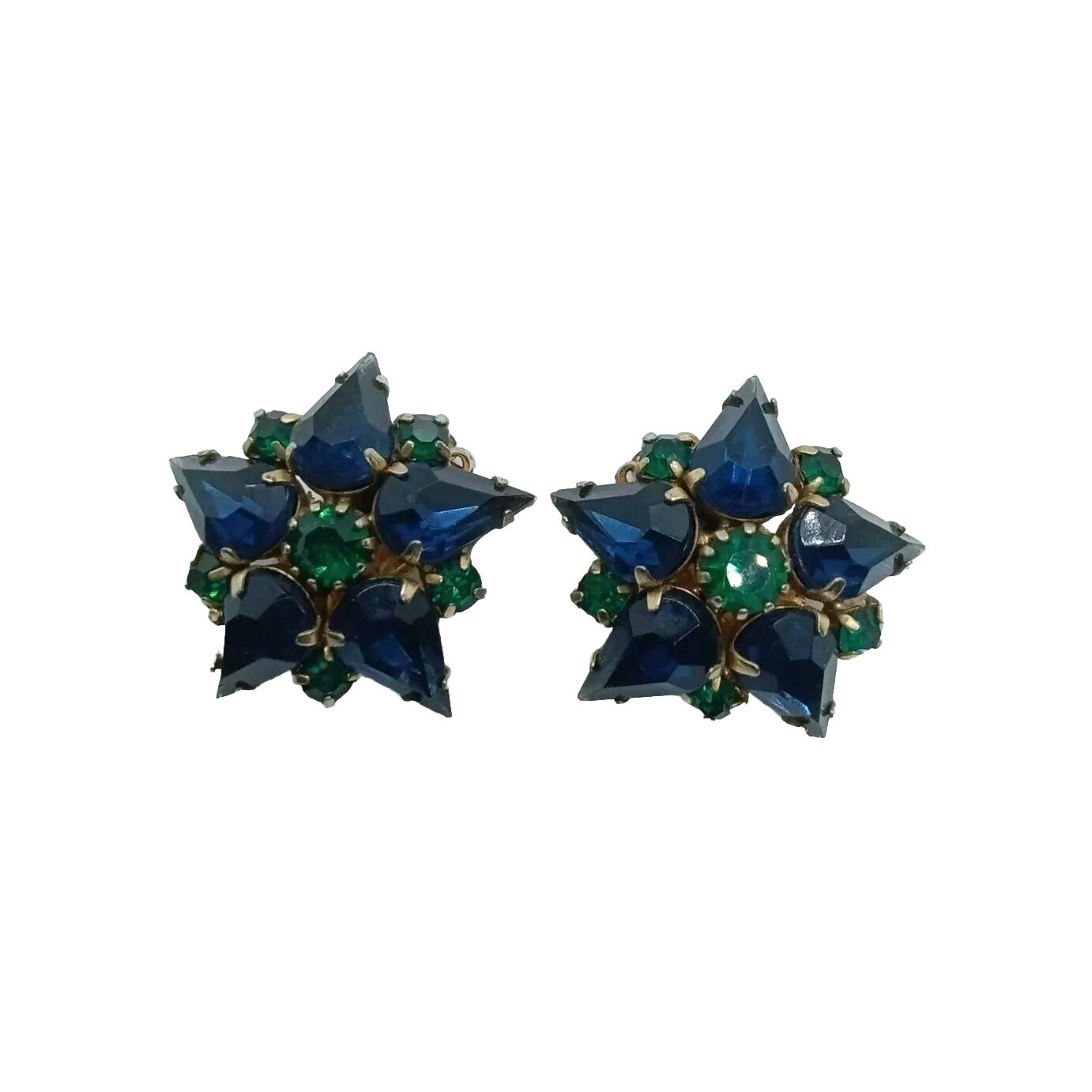 Vtg Sapphire/Emerald Crystal Rhinestone GoldTone Estate Star ClipOn Earrings #51