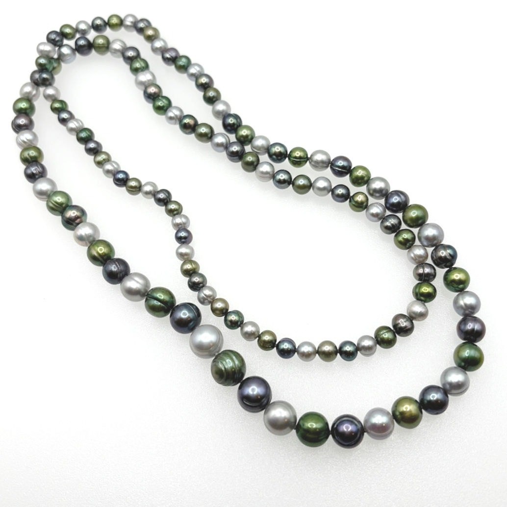 Vintage Tricolor Freshwater Pearl Green Purple White Long Necklace 34”