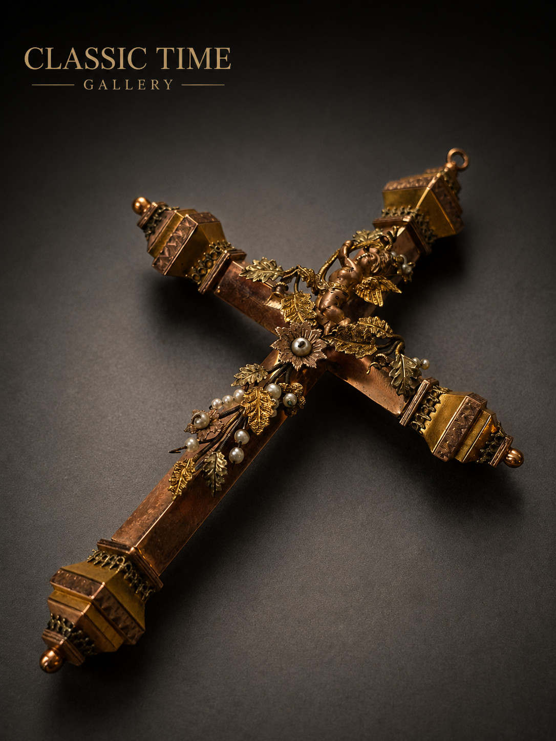 Fine Antique Rare Large European Religious Pectoral 9k Gold Filigree Cross