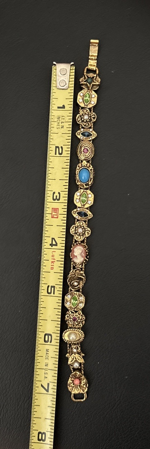Vintage Victorian Revival charm slide bracelet Cameo Pearl 7”
