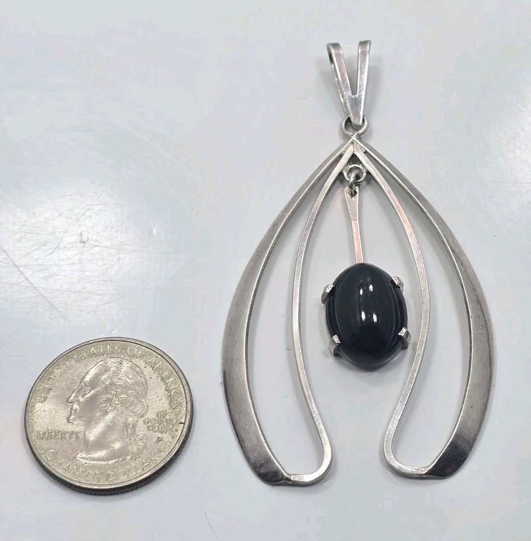 Vintage Sterling Silver 925 Israel Black Onyx Dangle Drop Charm Pendant