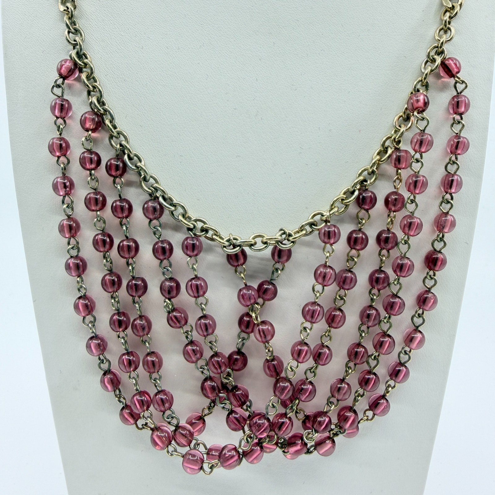 Necklace Vintage Gold Tone Pink Purple Bead Multi Strand Draped Statement Boho