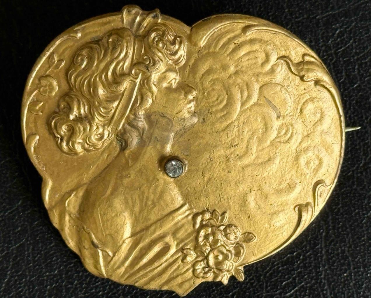 Vintage Art Nouveau Revival Portrait Brooch Lady /Bezel Set Rhinestone Gold Wash
