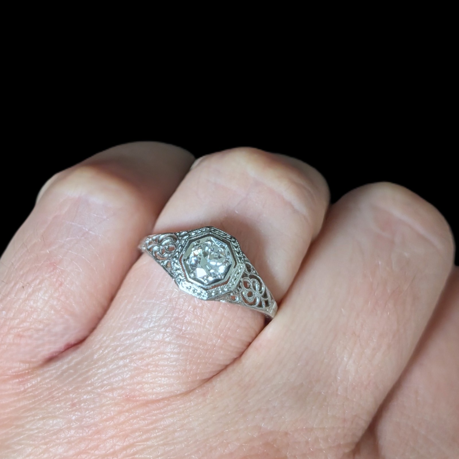 Art Deco Old European Cut Diamond 14k White Gold Platinum Engagement Ring 1920s
