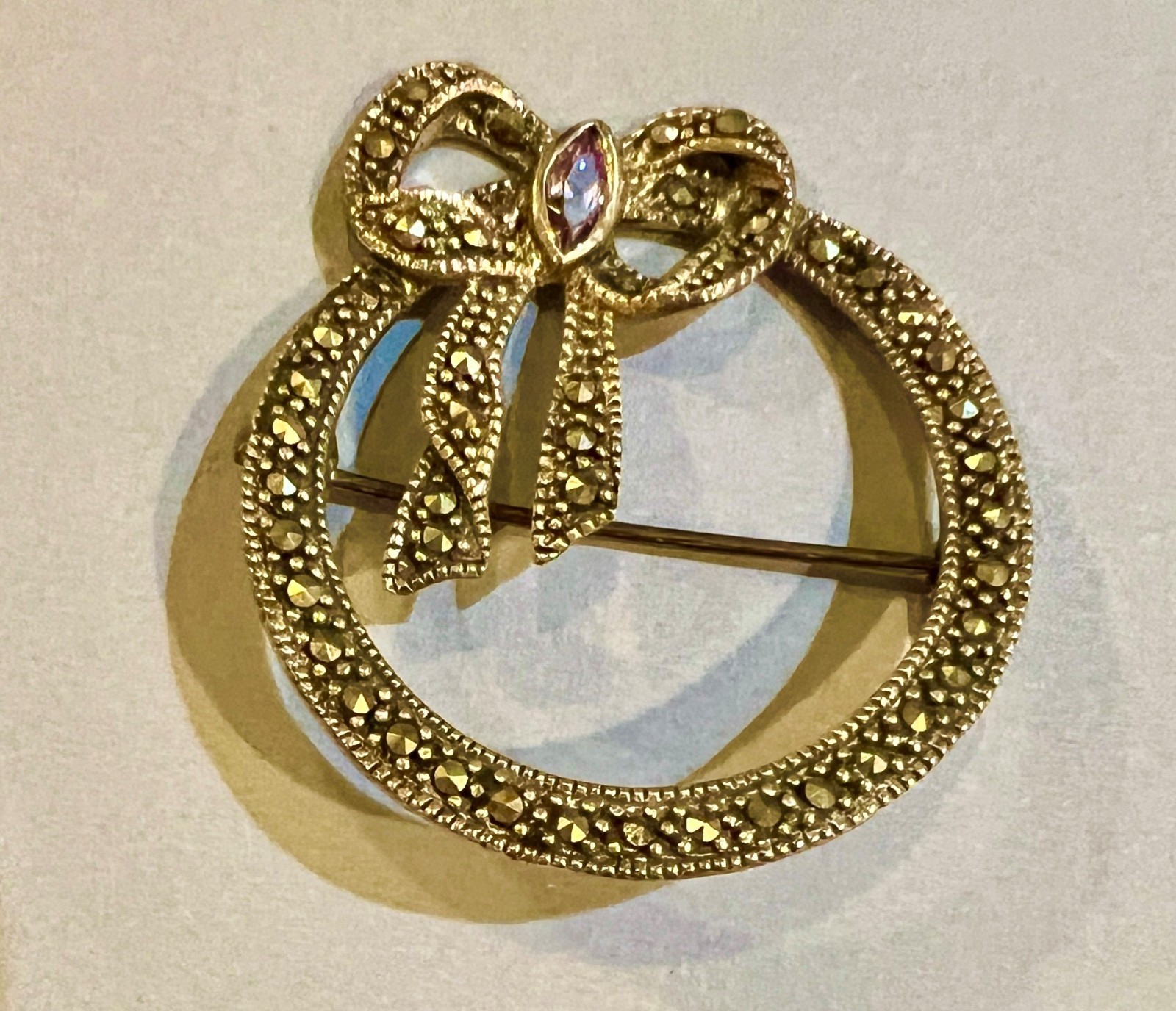Vintage Sterling 925 Marcasite Circle with Bow Brooch Pin Purple 2-3/8 Inches