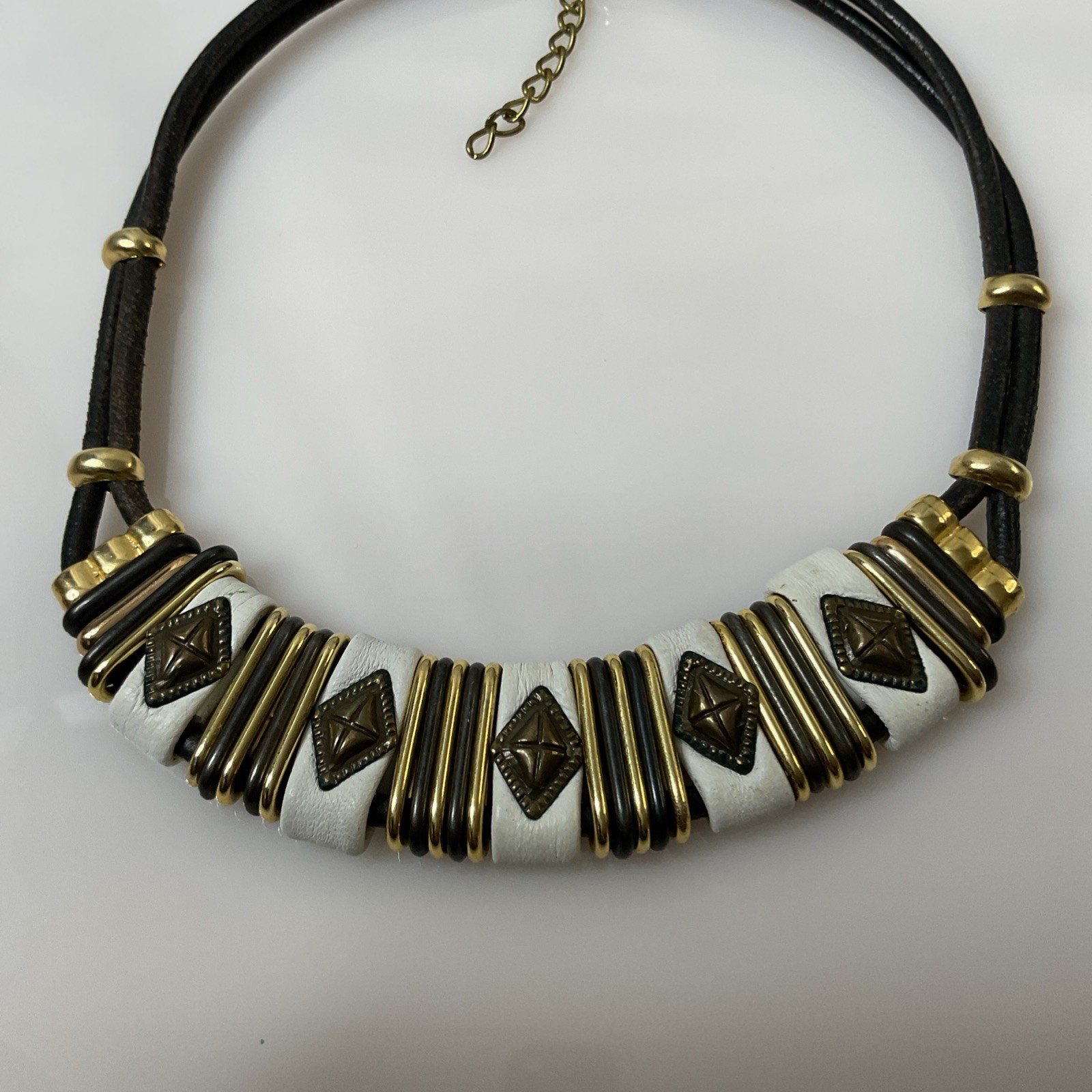 Artisan Vintage Choker Black Leather Cord Mixed Metals Design Necklace