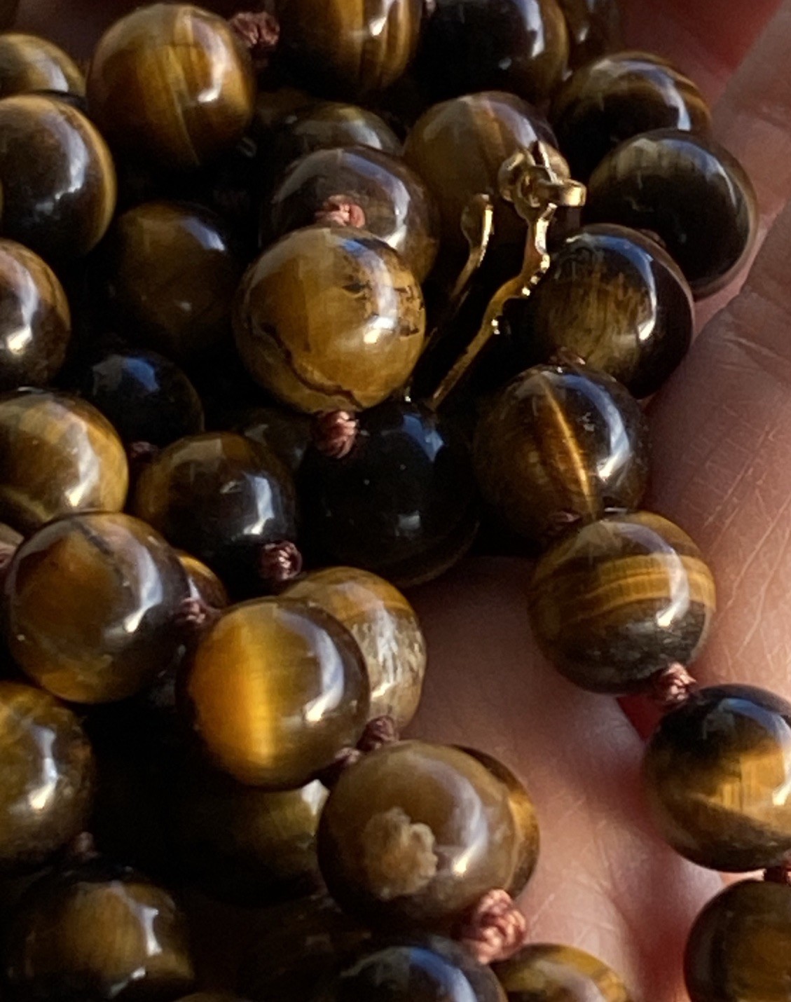 Vintage Tiger Eye Bead 2 Necklaces – 17” & 18” Knotted Stone Gold Tone Clasp